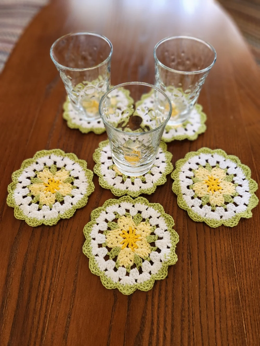 Coasters Handmade Crochet Floral in Yellow, White & Light Green